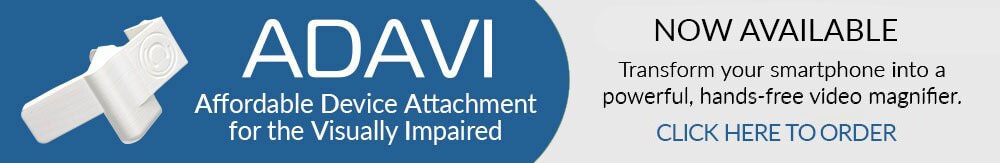 Advertisement for Chadwick Optical ADAVI low vision magnification device attachment