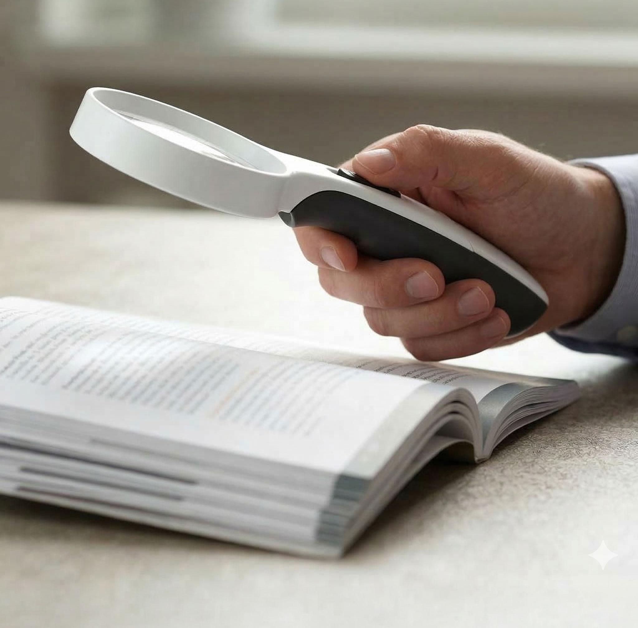 Man using a magnifier while reading on the couch